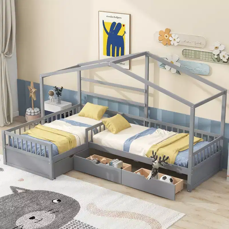 L Shaped Corner Twin Bed for 2 Kids, Twin Size House Platform Bed with 3 Storage Drawers, Wood Double Twin Beds with Fence and Roof