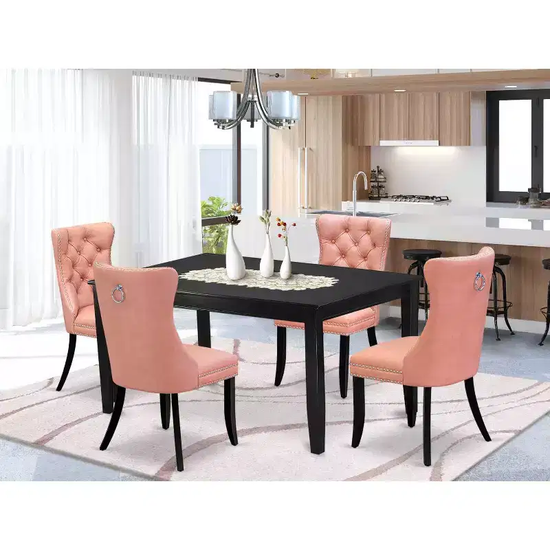 5-Piece Black Finish Solid Wood Top - Rectangular Upholstered Dining Room Set (Seats-4)
