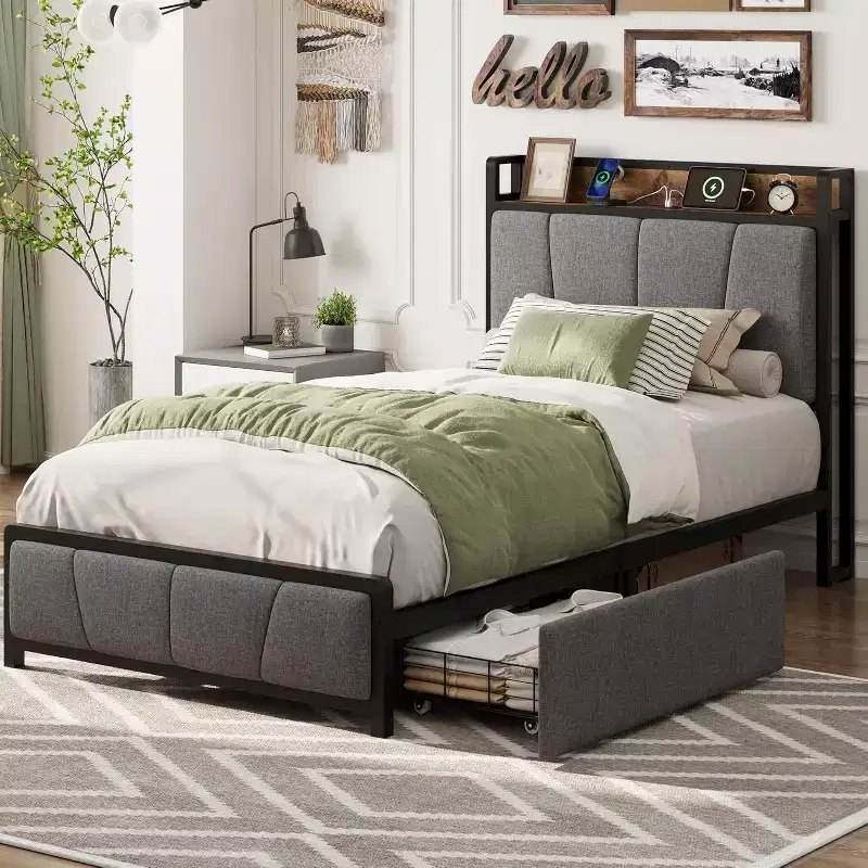 Upholstered Bed Frame with 2 Storage Drawers, Power Outlet, Queen Bed Platform with Storage Headboard, Noise Free, No Box Spring Needed