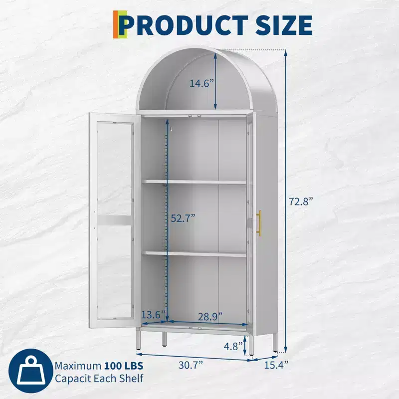 Cold Rolled Steel Furniture - Iron Arch Double Door Cabinet with Glass, 2 Doors, H185 x W78 x D39CM, 0.6MM Thickness, White