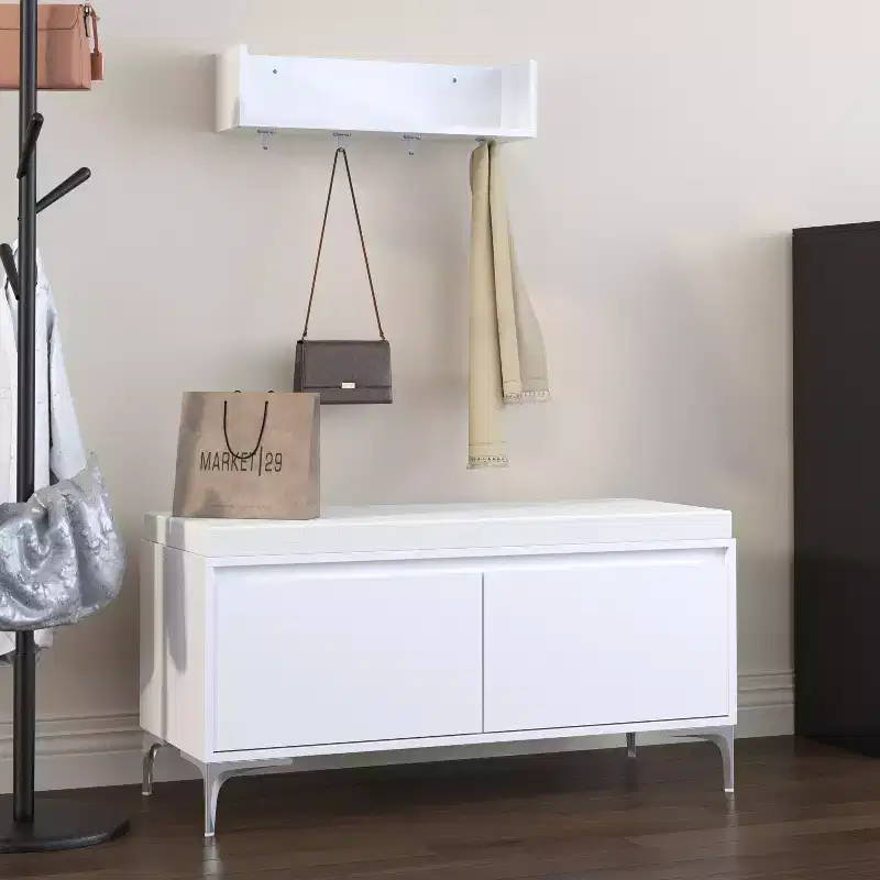 Storage Bench and Wall-Mounted Entryway Shelf with Hooks Set, Entryway Shoe Bench Shoe Cabinet Storage Chest with Cushion, White - ModernLuxe