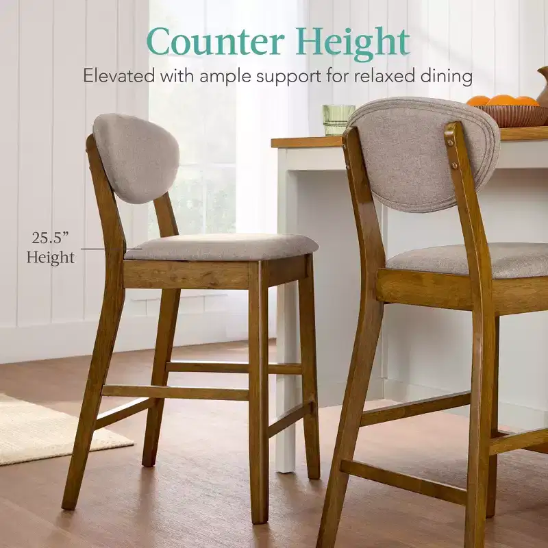 2-Piece Mid-Century Modern Wood and Upholstered Counter Height Bar Stool Set