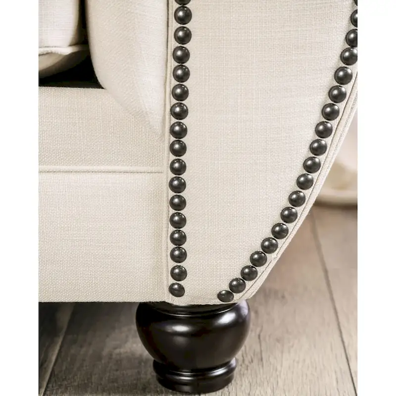 Cury Glam Beige Fabric Upholstered Tufted Nailhead Trim Sofa
