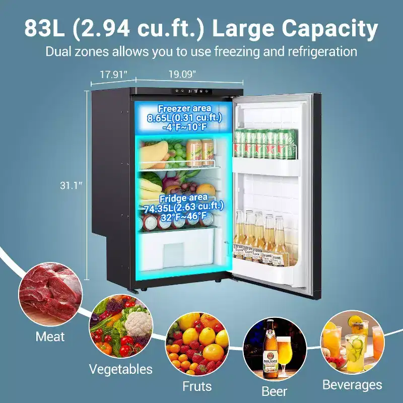 83L RV Refrigerator, Refrigeration Range (-4-46),3 Levels((H/M/L)) of Battery Protection, mini Fridge for Camping,APP Control, Picnics, Trips