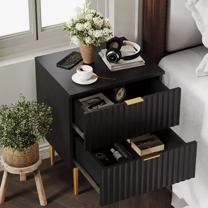 2 PCS Modern Fluted Nightstand & 2 Drawers | Gold & Wood Bedside Table & Outlets | Small Side Table for Bedroom