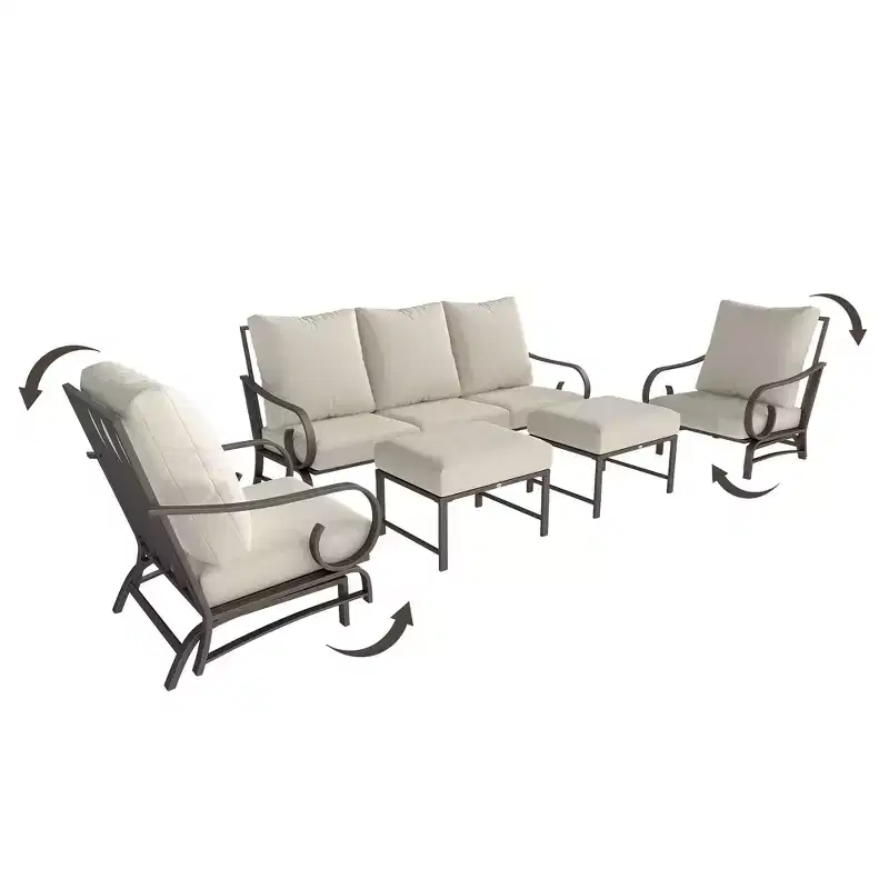 5 Piece Backyard Patio Furniture Set, Outdoor Furniture Set with 2 Rocking Chairs, 3-Seat Sofa, and 2 Ottomans