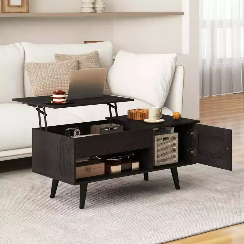 Lift Top Coffee Table with Storage Hidden Compartment Cabinet & Open Shelf Black/Brown/Natural