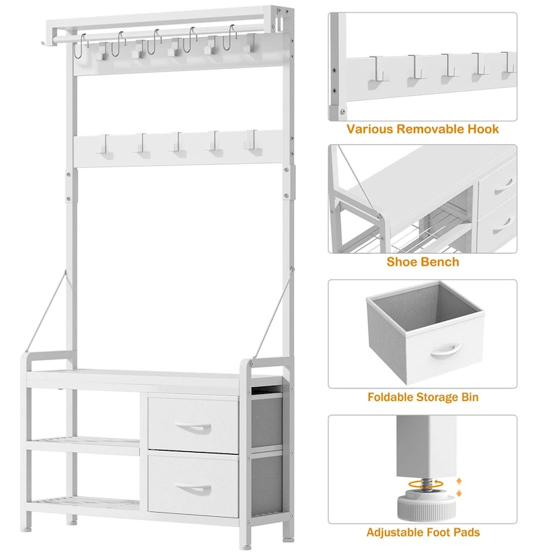 Hall Tree with Bench, Can Divided into freestanding Shoe Bench and Wall Rack