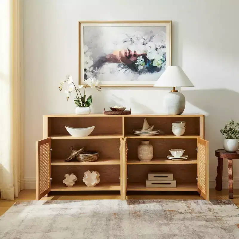 JVNOXK 63-inch Mid-Century Modern Rattan Sideboard with Storage, Natural-Toned Media Cabinet and Coffee Bar, for the Living Room