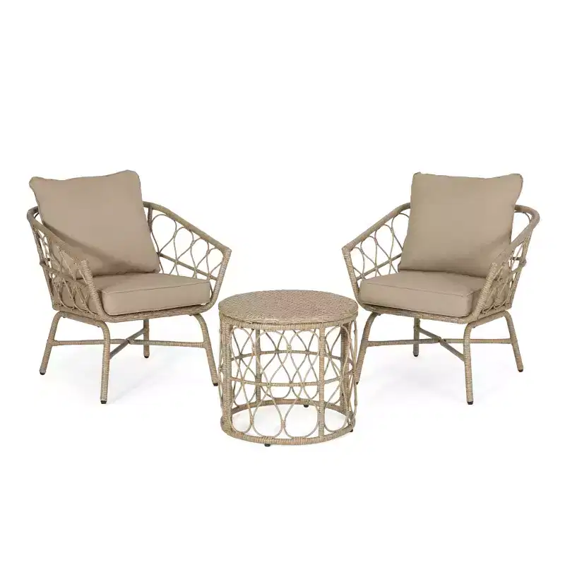 GDFStudio Colmar Outdoor Wicker 3 Piece Chat Set with Cushions, Light Brown/Beige
