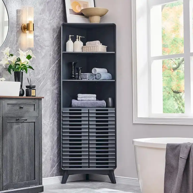 Slatted Door Tall Corner Cabinet, 68   Mid-Century Bathroom Cabinet