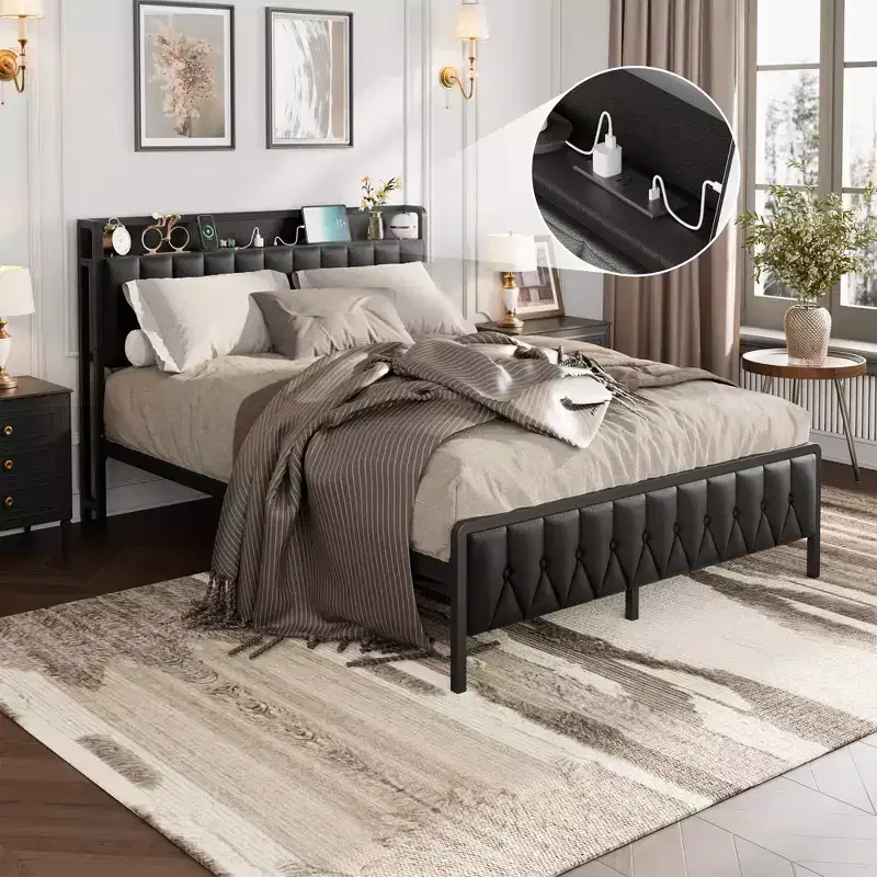 Bed Frame with Charging Station, PU Faux Leather Upholstered Platform Bed with Storage Headboard, Metal Slats, No Box Spring Needed