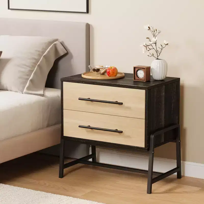 Small Nightstand with 2 Drawers, Small Bedside End Table Metal Frame Modern Night Stand Furniture for Bedroom, Hallway, Closet, Small Space