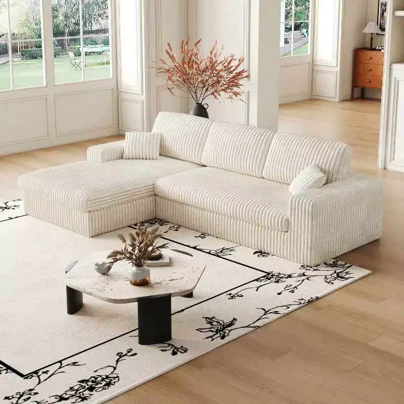 114.5'' Modular Corduroy L-Shaped Sofa with Recliner, 2-in-1 Convertible Floor Couch with Foam Cushions and Neck Support Pillows for Living Room
