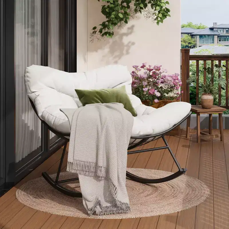 Oversized Outdoor Patio Rocking Chair, Modern Metal Lounge Rocker with Cushion, Papasan Chair 350lbs Capacity for Balcony & Bedroom