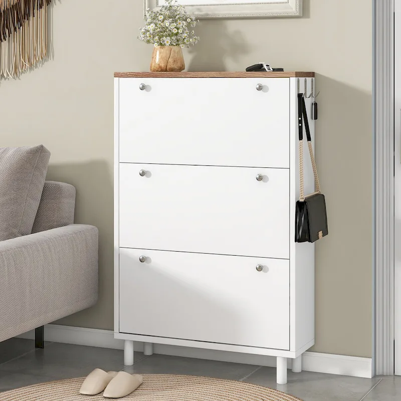 Shoe Cabinet with 3 Flip Drawers,Wood Grain Pattern with 3 Hooks,Free Standing Shoe Rack with Adjustable Panel