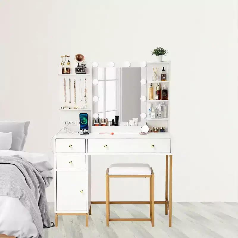 Makeup Vanity Desk with Chair Adjustable Lighted Mirror, Make Up Dresser Table with Drawers
