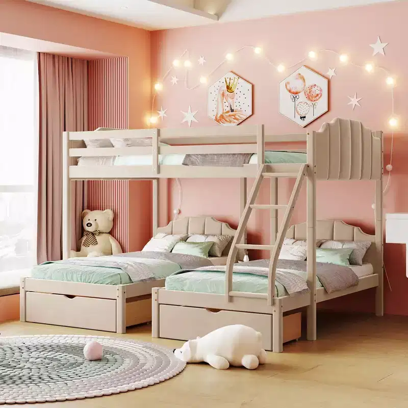 Full over Twin & Twin Bunk Bed for 3 Kids, Wood Triple Bunk Bed with Drawers and Guardrails for Bedroom, Beige