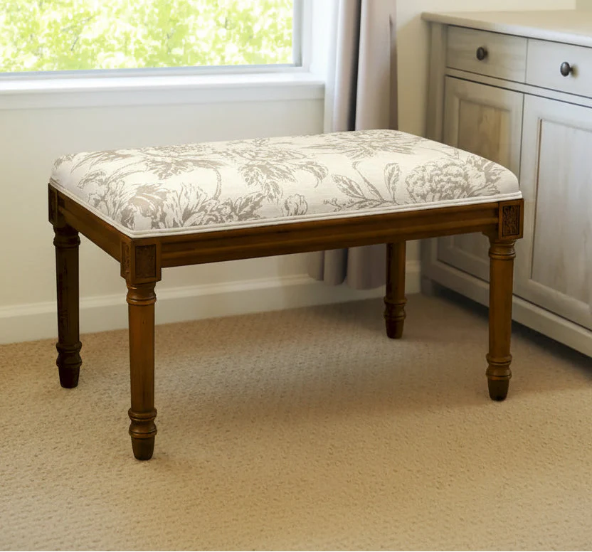 Taupe Upholstered Bench with Wood Stain Finish