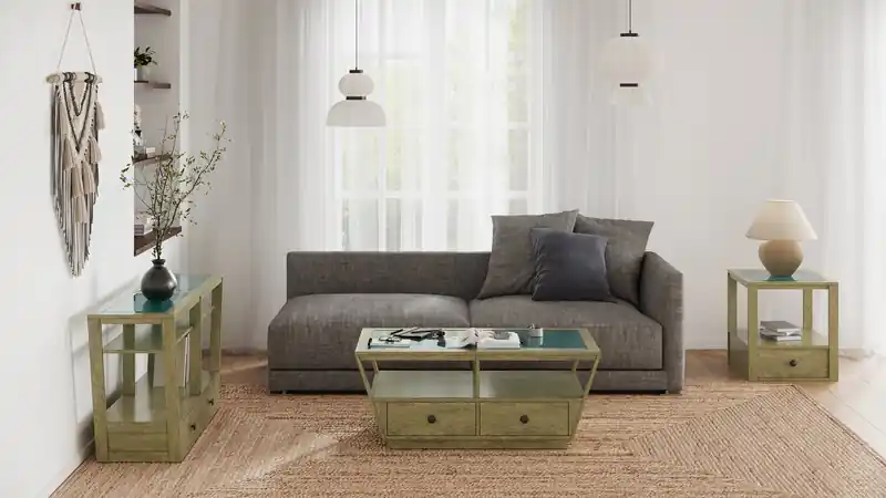 22 Traditional Glass Top End Table with Storage and Shelf - Light Brown Wood