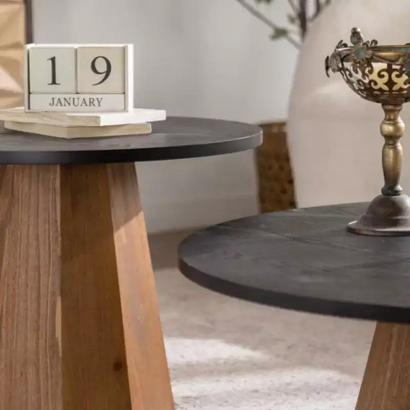 Round Coffee Table with Real Bark Pattern Veneer and Sturdy Pedestal Base