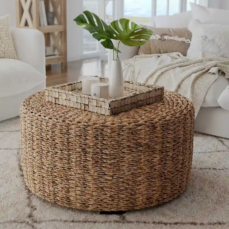 Hand-Woven Natural Abaca Wood Round Coffee Table Ottoman by