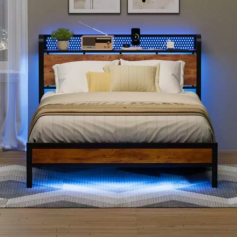Full Size Platform Bed Frame with Storage Headboard LED Lights Charging Station Industrial Metal Heavy Duty No Box Spring Needed Rustic Wood