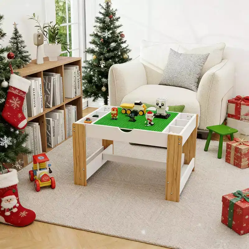 JVNOXK 2 in 1 Kids Play Table with 7 Storage Compartments,Compatible with LEGO Building Block,Modern Activity Learning Table Game Furniture-White