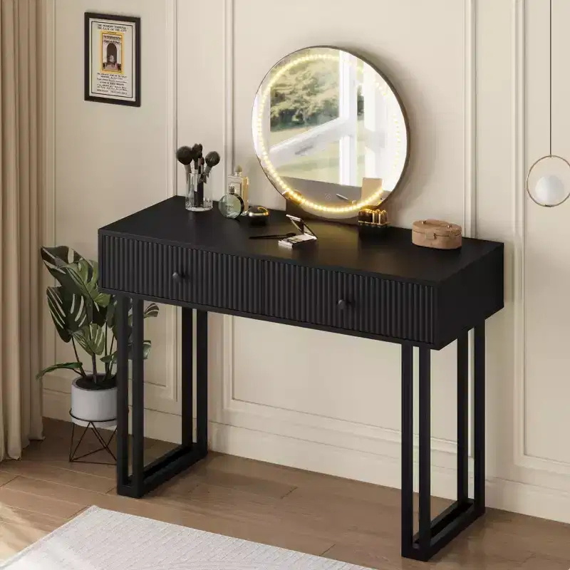 Vanity Desk with Mirror and LED Lights, 3-Color Lighting, Spacious Storage, Modern Minimalist Makeup Table, Easy Assembly