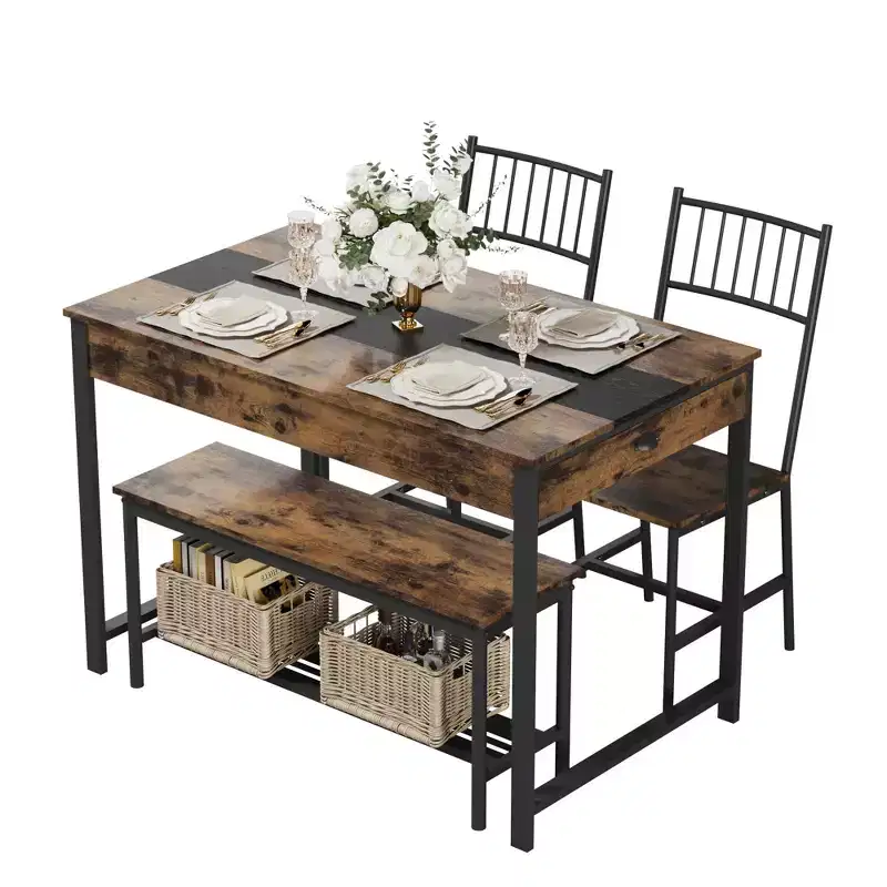 4-Piece Dining Set with 2 Chairs & 1 Bench (Rectangular Table w/Double Drawers) - Ideal for Kitchen, Dining Room or Yard