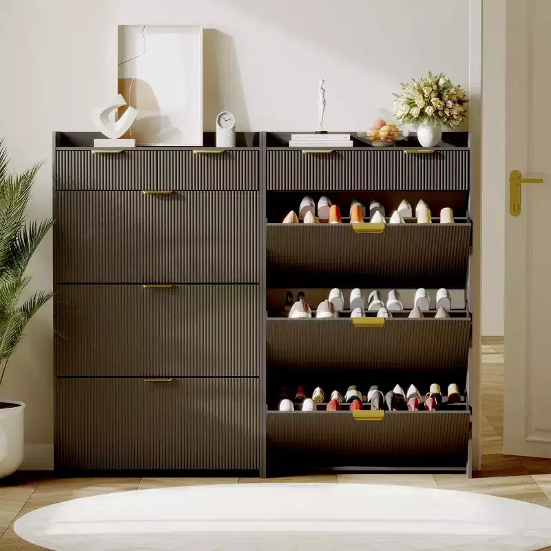 Modern Fluted Shoe Storage Cabinet  3 Flip Drawers + 2 Open Drawers, Slim Space-Saving Organizer for Entryway/Hallway (1-Piece)