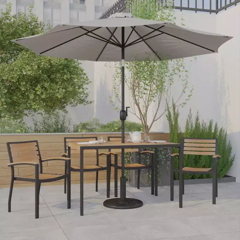 Emma and Oliver7 Piece Patio Table Set - 4 Synthetic Faux Teak Stackable Chairs - Faux Teak Table - Umbrella with Base