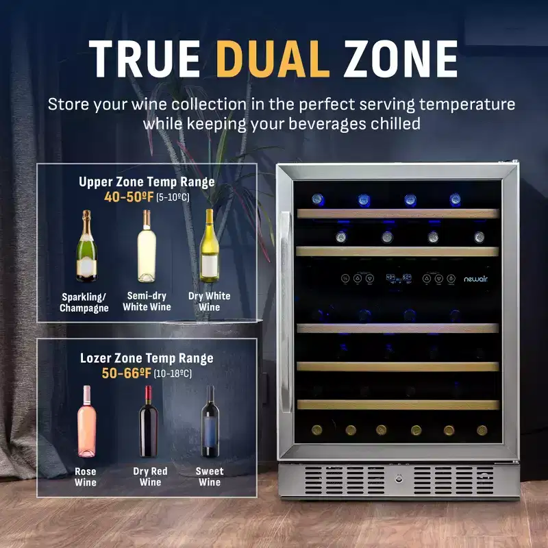 Newair Premium 46-Bottle Built-In Dual Zone Wine Fridge in Stainless Steel - 23.5