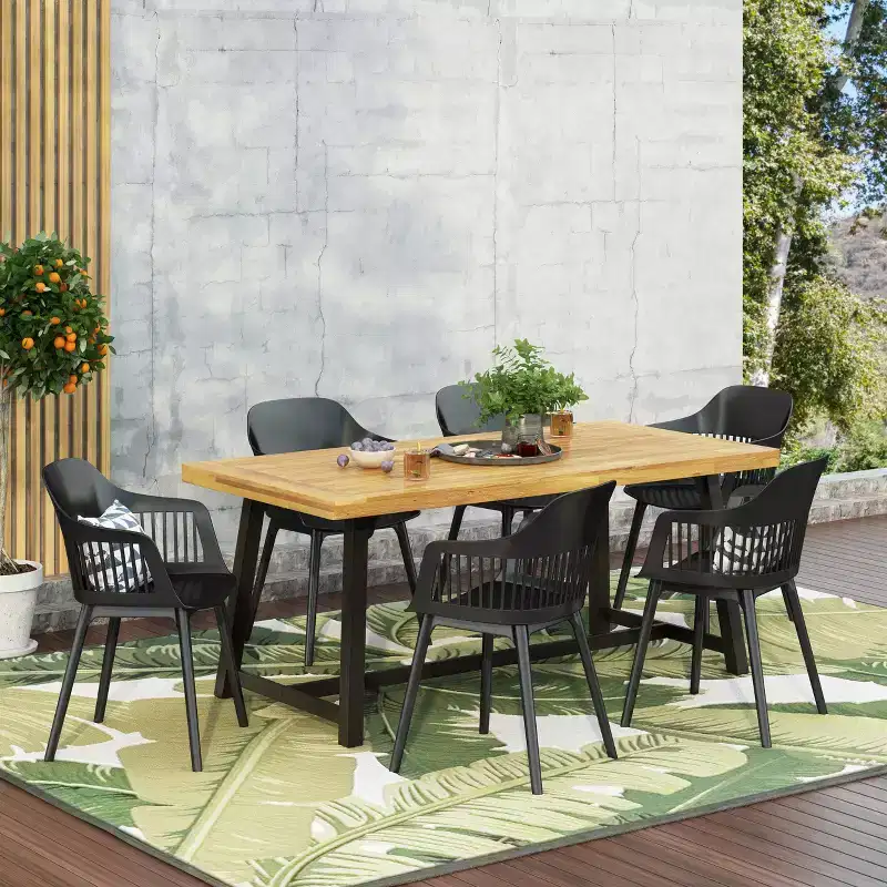Christopher Knight Home Dahlia Outdoor 7 Piece Acacia Wood and Resin Dining Set with 70.75 Dining Table, Black/Sandblasted Teak
