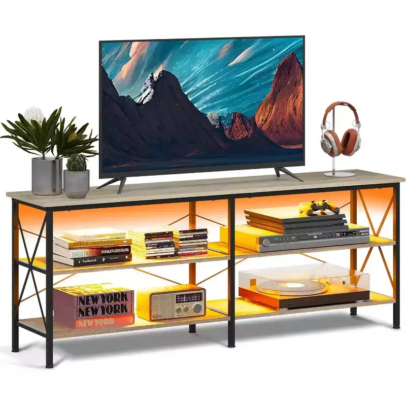 GALAXHERO TV Stand for 65-70 inch TV with LED Lights, Gaming Entertainment Center with Storage, Industrial TV Console for Living Room, Greige