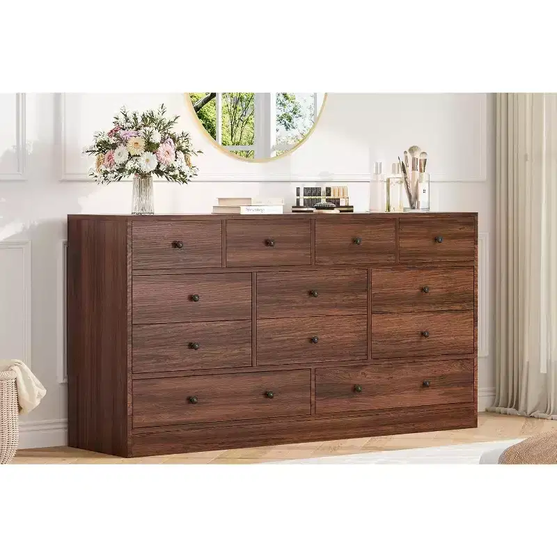 Acekool 12 Drawer Dresser with Power Outlets, Wooden Storage Chest Organizer for Bedroom, Living Room, Hallway, 61 Inch