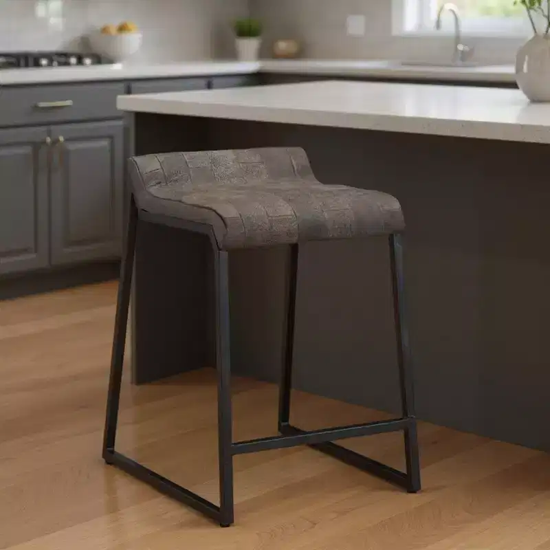 Brown Leather Round Armless Counter Stool - 1 Seat