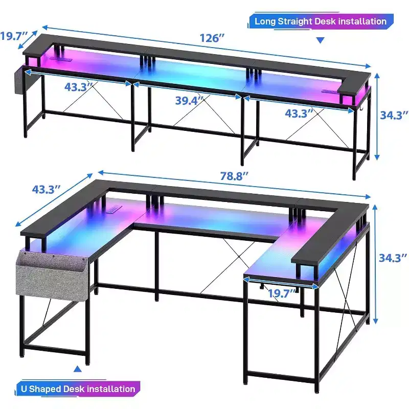 78.8in U-Shaped Corner Computer Desk for Gaming, Reversible L-Shaped Office Desk with Power Outlets, LED Lights, Monitor Stand & Storage Shelves