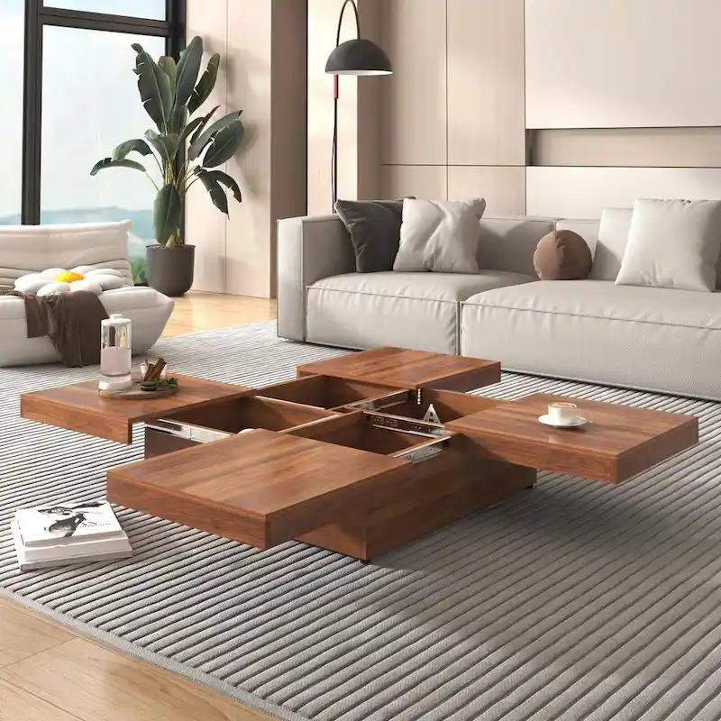 39.4 Square Marble Veneer Coffee Table with Sliding Top Storage
