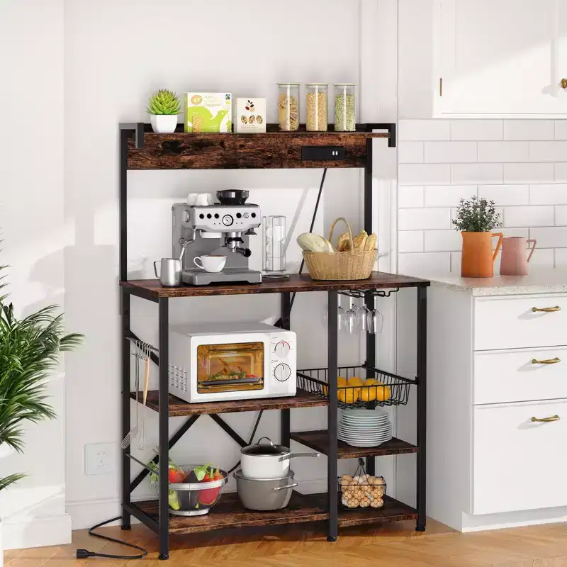 Bakers Rack with Power Outlet, 34.7 Open Storage Shelves with Wire Basket, Kitchen Microwave Stand with 6 S-Shaped Hooks