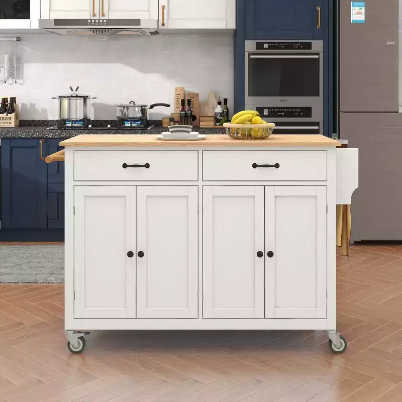 PexFix 54.3 Inch Kitchen Island Cart with Solid Wood Top and Locking Wheels 4 Door Cabinet and Two Drawers & Spice Rack & Towel Rack White