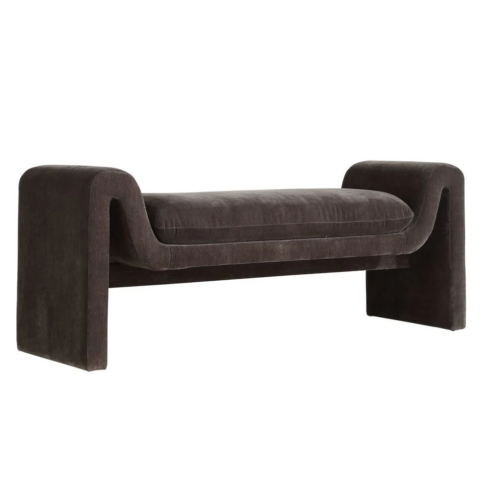 Curved Charcoal Moss Distressed Velvet Upholstered Accent Bench