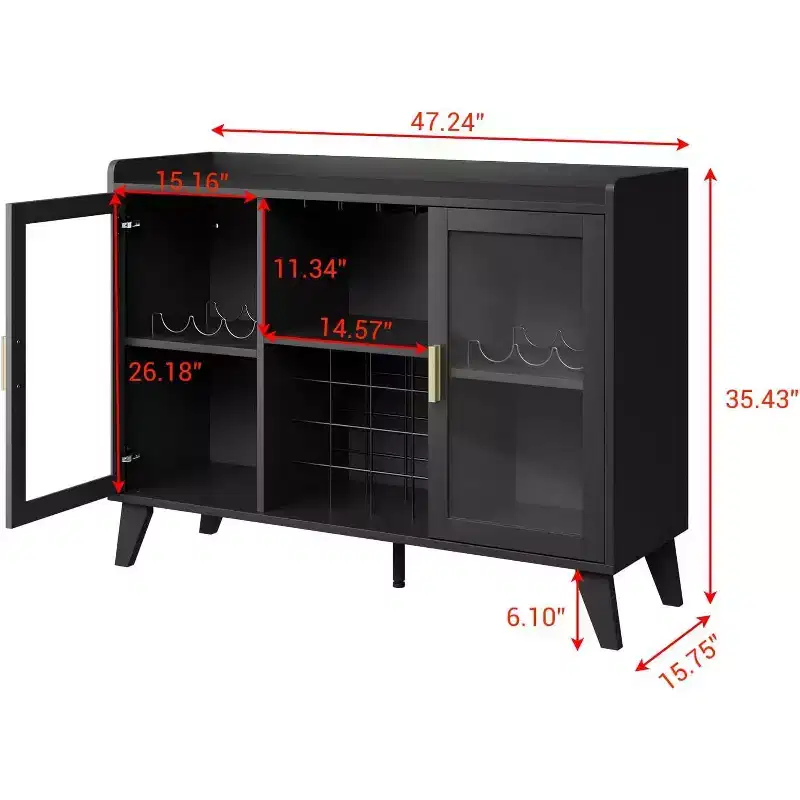 47 Liquor Cabinet Bar with LED Light, Kitchen Sideboard Buffet Storage Rack with Glass Door & Open Shelf for Home Living Room Dining Room, Black
