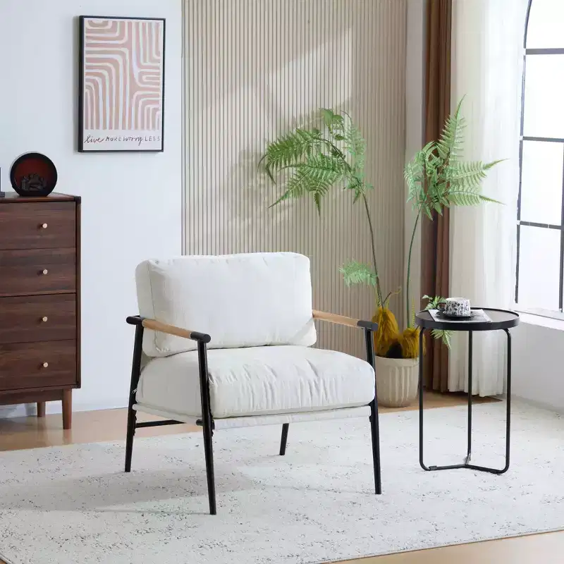 27.56 Modern Accent Chair, Plush Cushions Minimalist Metal Frame Wooden Armrest, Living Room Bedroom Office