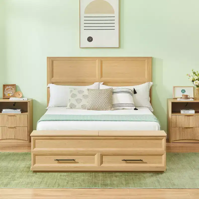 Modern Wooden Bed Frame with 3D Geometric Headboard and 4-Drawer Storage Bench