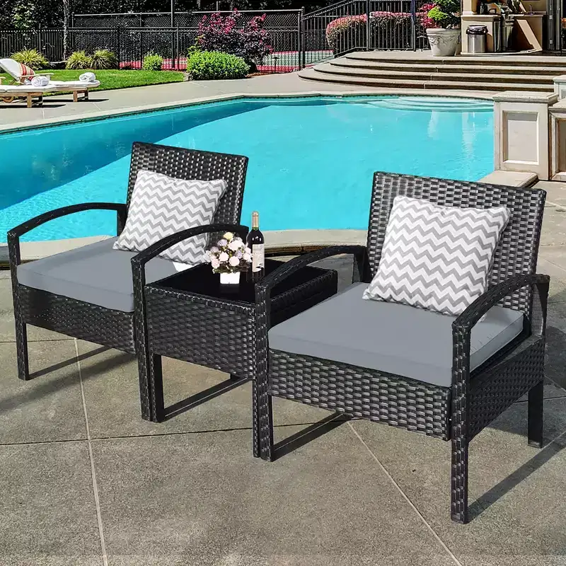 Costway 3PCS Patio Rattan Furniture Set Coffee Table Conversation Sofa Outdoor Cushioned Gray