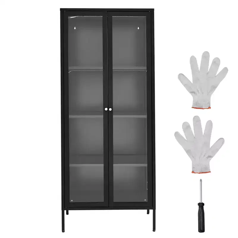 VEVOR Display Cabinet with Glass Door, 66 in Tall 4-Tier Lighted Display Case with 3 Lights, Metal Storage Cabinet 3 Shelves, Black