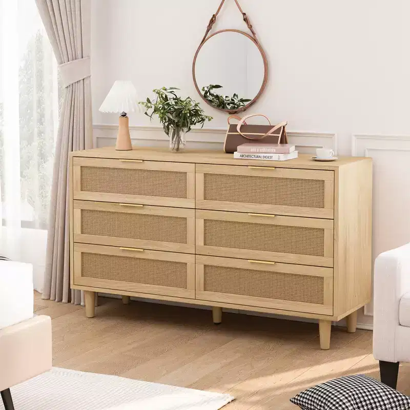 JVNOXK 51.186-Drawers Rattan Storage Cabinet Rattan Drawer with White Drawer Slides,for Bedroom,Living Room,Natural