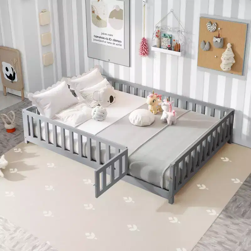 Full Size Toddler Floor Bed for Kids with Support Slats and Door, Modern Montessori Bed with Guardrails