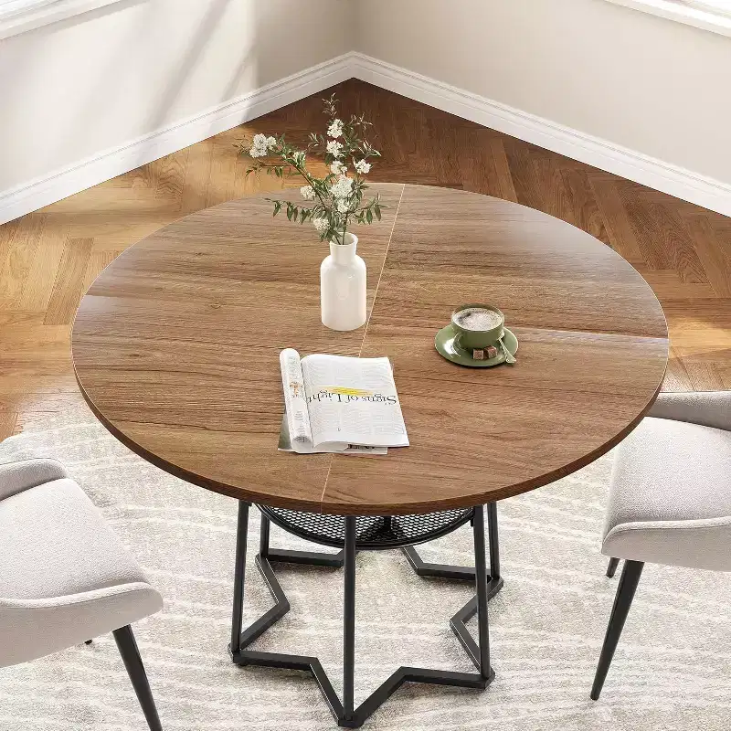 38Farmhouse Kitchen Table with Hexagonal Metal Base &Storage Shelf,Modern Round Dining Table for 4,Small Space Wood Tabletop for Kitchen,Living Room